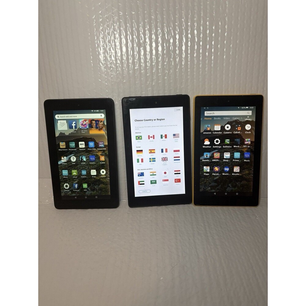Lot of 3 Amazon Kindle Fire 7/7th Gen & 5th Gen, 2 Black, 1 Yellow, All are 6GB